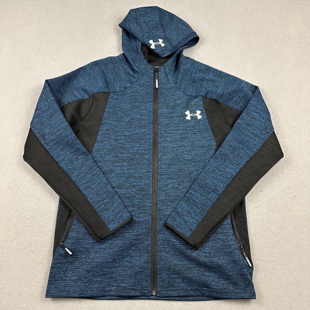 Under Armour Jacket Men Large Blue Zip Running Reflective Windbreaker Hood L
